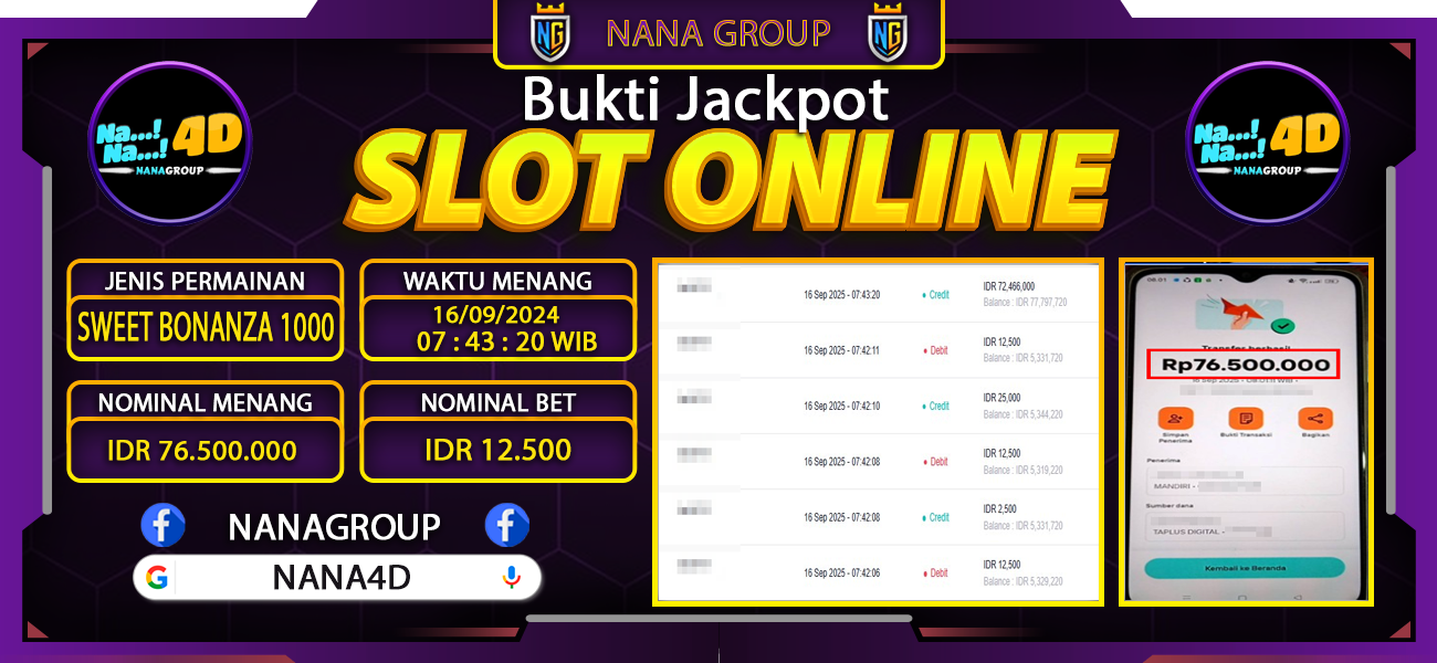 Bukti Kemenangan Besar Dibayar lunas Member NANA4D RP 76.500.000, 16 September 2025