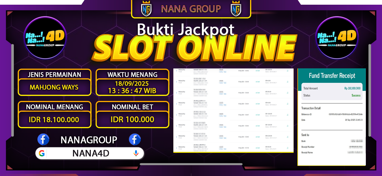 Bukti Kemenangan Besar Dibayar lunas Member NANA4D RP 18.100.000, 18 September 2025