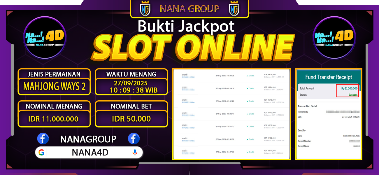 Bukti Kemenangan Besar Dibayar lunas Member NANA4D RP 11.000.000, 27 September 2025